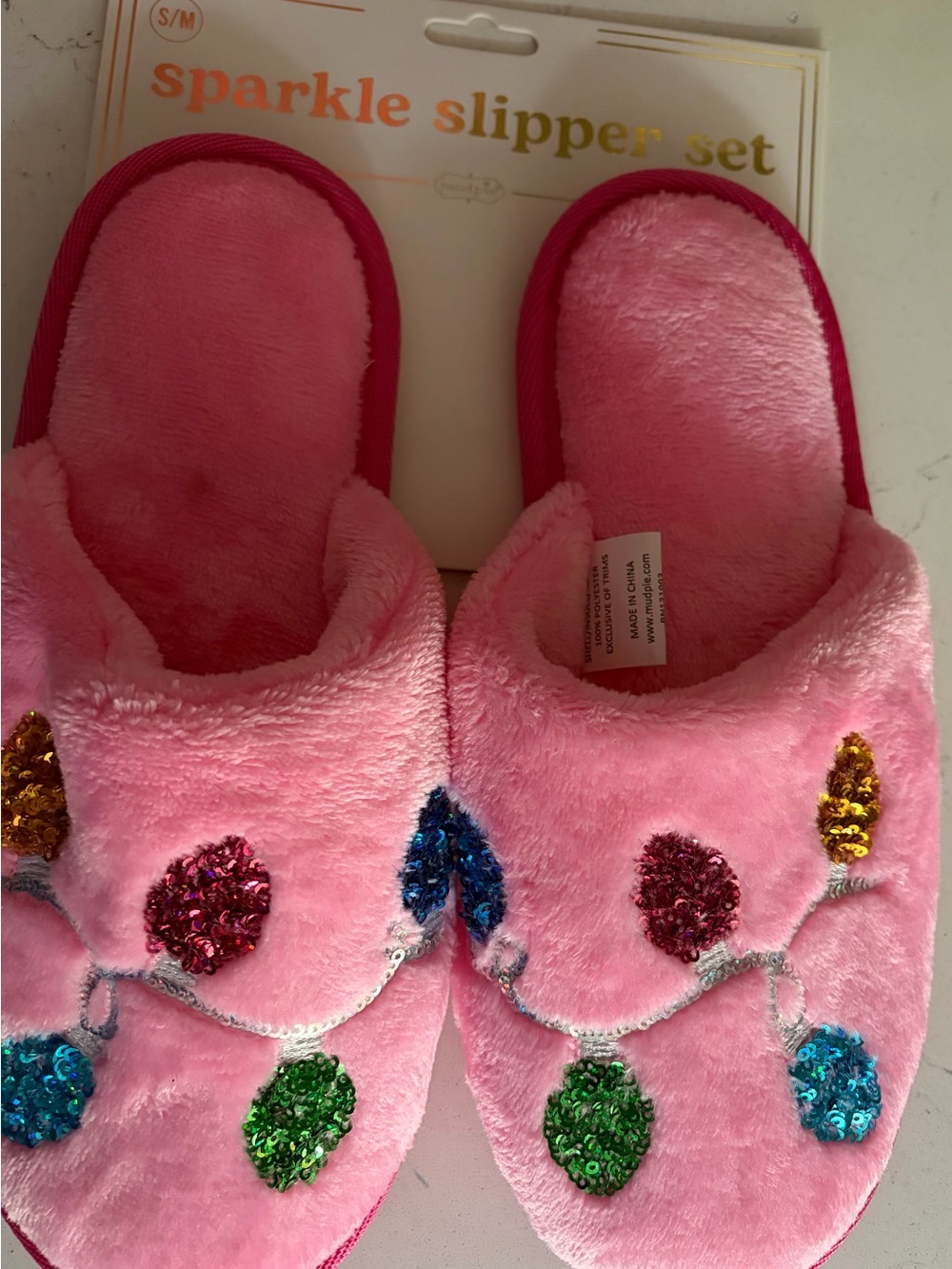 Mud Pie Sparkle Pink Plush Women’s Slippers with Sequin Lights